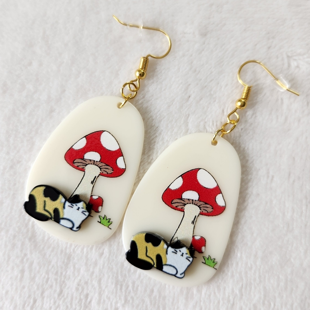 Mushroom Cat Earrings with Gold Hooks